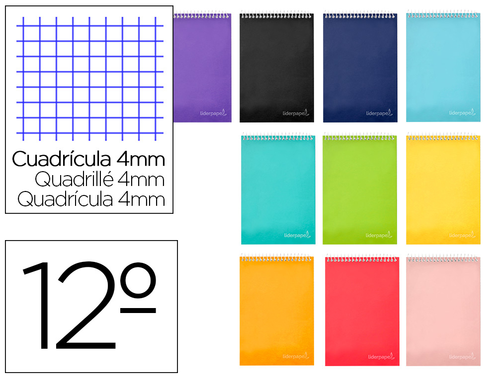 LIDERPAPEL - CUADERNO ESPIRAL BOLSILLO DOCEAVO APAISADO INSPIRE TAPA DURA 80H 60 GR CUADRO 4MM COLORES SURTIDOS (Ref.BQ08)