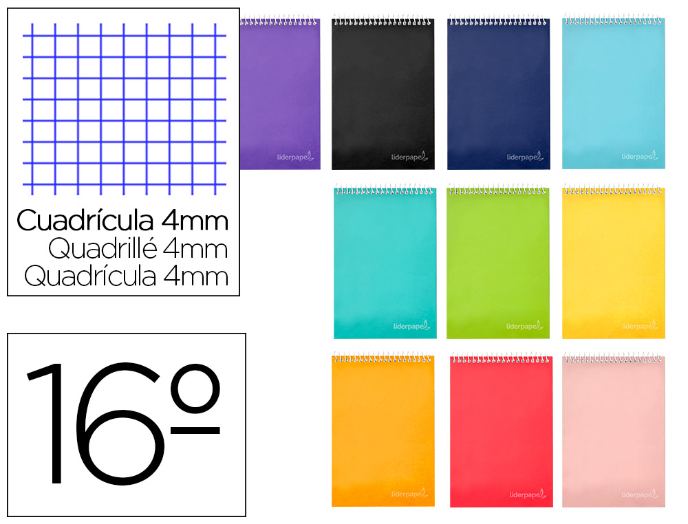 LIDERPAPEL - CUADERNO ESPIRAL BOLSILLO DIECISEISAVO APAISADO INSPIRE TAPA DURA 80H 60 GR CUADRO 4MM COLORES SURTIDOS (Ref.BQ07)