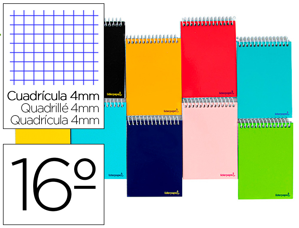 LIDERPAPEL - CUADERNO ESPIRAL BOLSILLO DIECISEISAVO APAISADO WRITE TAPA BLANDA 80H 60 GR CUADRO 4MM COLORES SURTIDOS (Ref.BQ01)