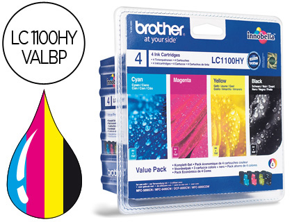 BROTHER - Cartuchos ORIGINALES Inyección De Tinta LC1100HY Negro/Amarillo/Cyan/Magenta Pack 4 (Ref.LC1100HYVALBP)