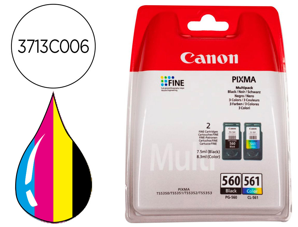 CANON - Ink-jet 560 pixma ts5350 / ts5351 / ts5352 / ts5353 pack negro amarillo cian magenta 180 paginas (Ref. 3713C006)