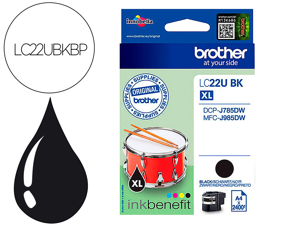 BROTHER - Ink-jet lc22ubk xl dcp-j785dw / dcp-j785dwxl / mfc-j985dw / mfc-j985dw negro 2.400 pag (Ref. LC22UBKBP)