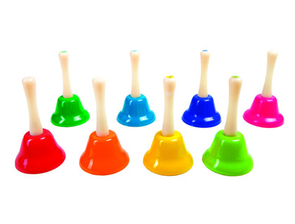 AMAYA - Campanita pequeña de mano con mango tradicional escala diatonica set de 8 unidades colores surtidos (Ref. 441053)