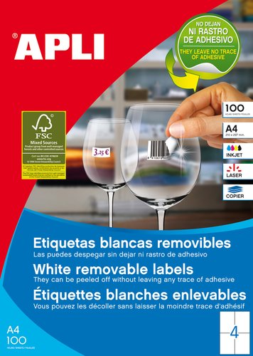 APLI - ETIQUETAS ADH.IMPR. A4 BLANCA C.RECTOS REMOVIBLE CAJA 100h 105x148 mm 400 uds.(0) (Ref.3058)