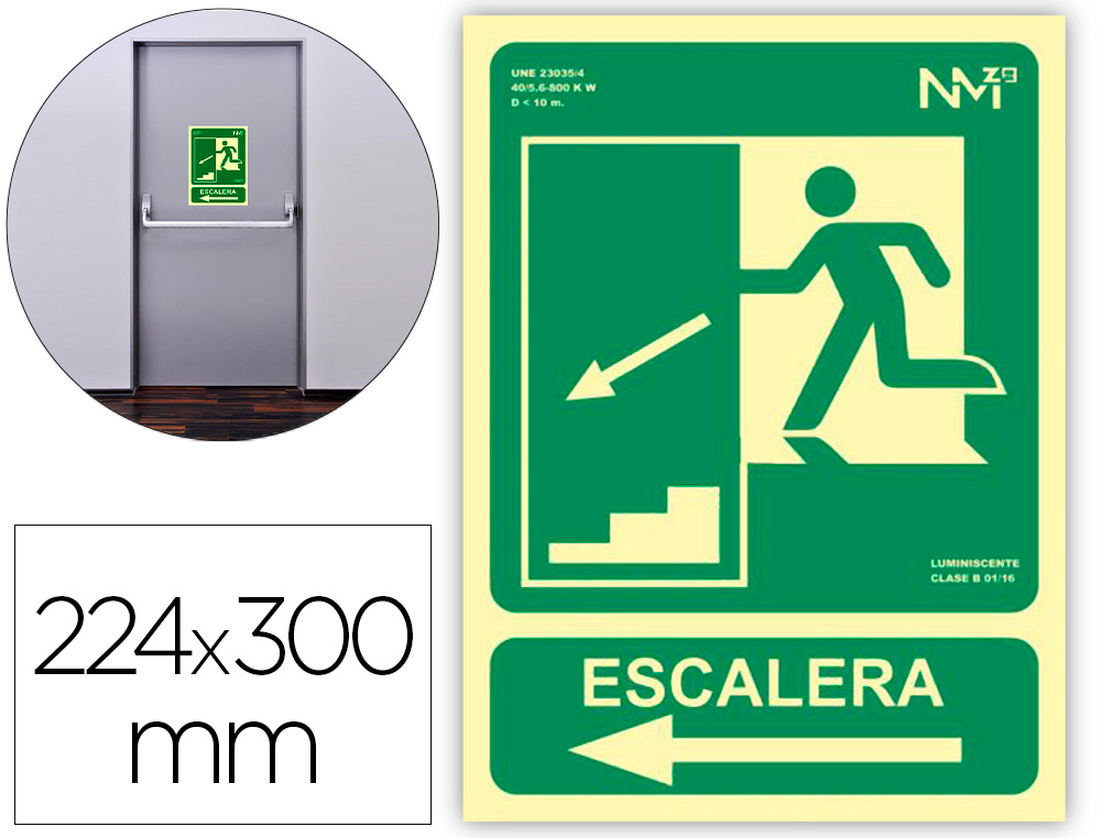 ARCHIVO 2000 - Pictograma salida emergencia escalera baja izquierda pvc verde luminiscente 224x300 mm (Ref. 6170-11H VE)