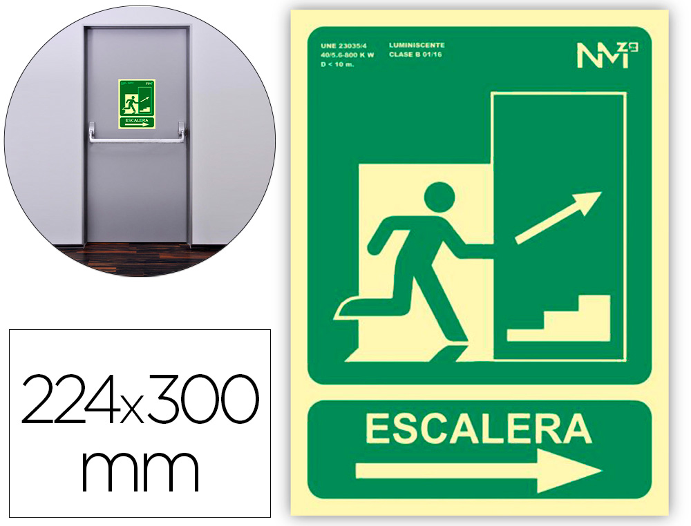 ARCHIVO 2000 - Pictograma salida emergencia escalera sube derecha pvc verde luminiscente 224x300 mm (Ref. 6170-14H VE)