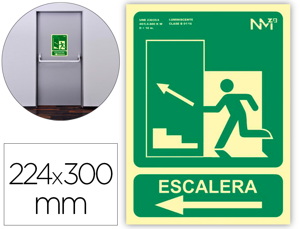 ARCHIVO 2000 - Pictograma salida emergencia escalera sube izquierda pvc verde luminiscente 224x300 mm (Ref. 6170-13H VE)