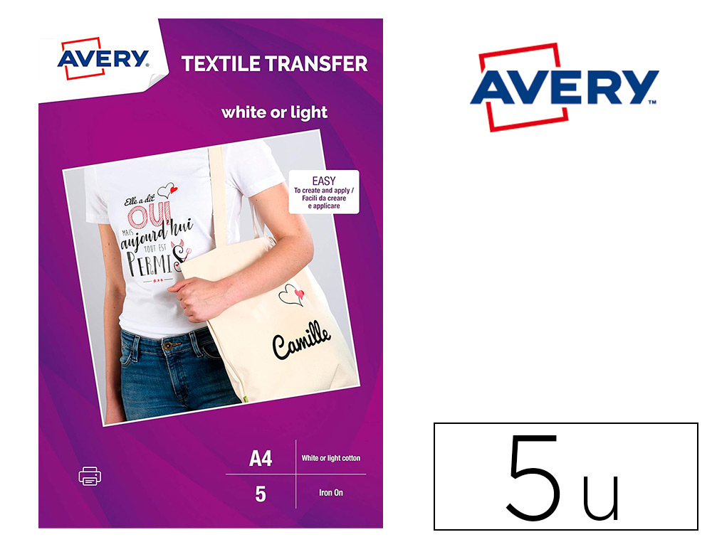 AVERY - Papel transfer para camisetas algodon color blanco ink-jet din A4 pack de 5 hojas (Ref. MD1001)
