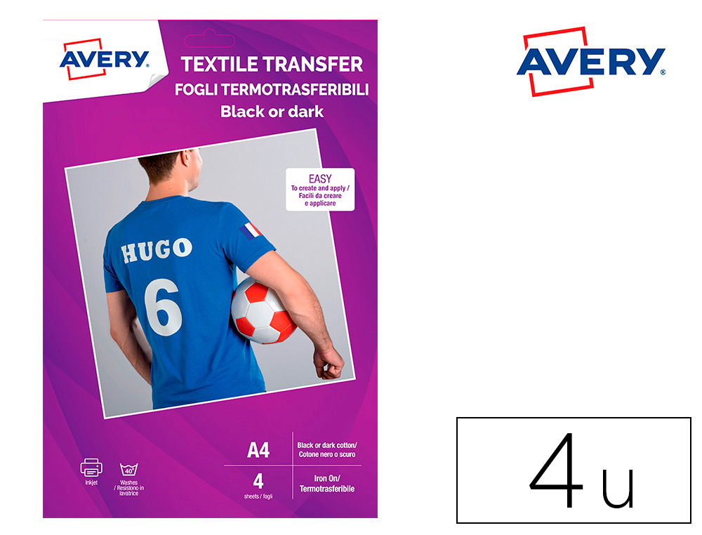 AVERY - Papel transfer para camisetas algodon colores oscuros ink-jet din A4 pack de 4 hojas (Ref. MD1003)
