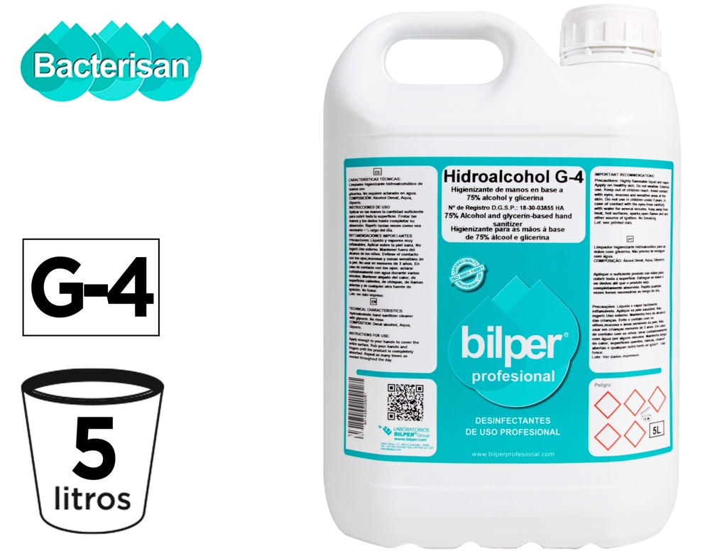 BACTERISAN - Gel hidroalcoholico higienizante bacterigel g4 denso para manos sin aclarado limpia y desinfecta garrafa 5l (Ref. 5073DM029047)