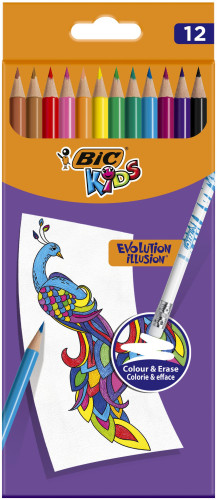 BIC - LÁPICES DE COLORES EVOLUTION ILLUSION BORRABLES CON GOMA SURTIDOS - CAJA DE 12 - (Ref.987868)