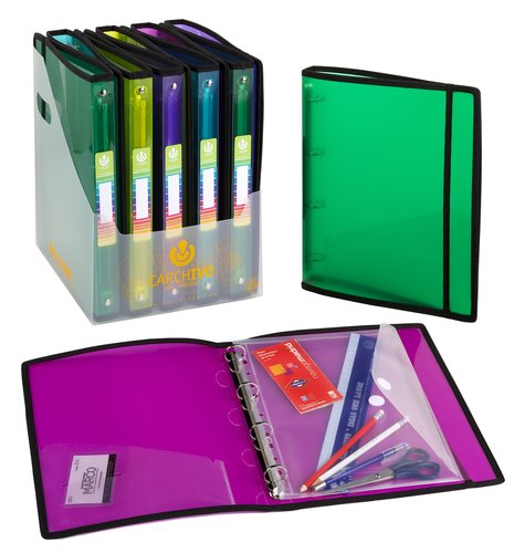 CARCHIVO - CARPETA de ANILLAS PP DIAGONAL RIBETEADA con BOLSILLOS Fº 4 an.25mm 5 col.surt. (Ref.7402KE)