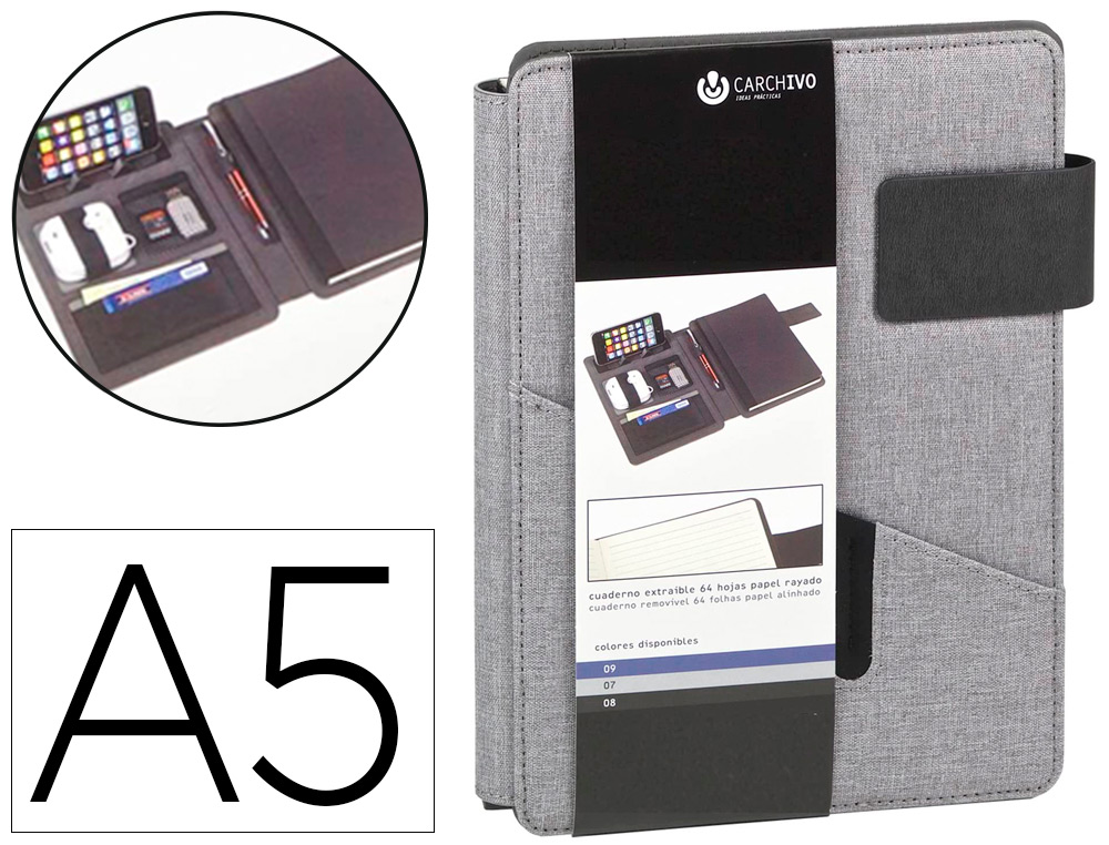 CARCHIVO - Portanotas venture din a5 con soporte smartphone cuaderno color gris (Ref. 23015007)