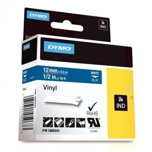 DYMO - RHINO CINTA DE ETIQUETAS INDUSTRIAL ADHESIVA ID1-12, BLANCO SOBRE AZUL DE 12MMX5´5M, VINILO (Ref.1805243)