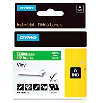 DYMO - RHINO CINTA DE ETIQUETAS INDUSTRIAL ADHESIVA ID1-12, BLANCO SOBRE VERDE DE 12MMX5´5M, VINILO (Ref.1805414)