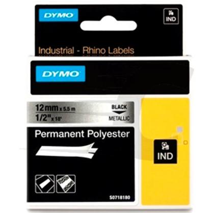 DYMO - RHINO CINTA DE ETIQUETAS INDUSTRIAL ADHESIVA ID1-12, NEGRO SOBRE PLATEADO DE 12MMX5´5M, POLIESTER (S0718180) (Ref.18486)