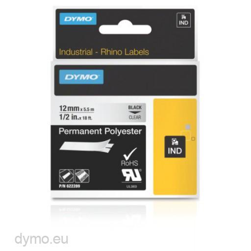 DYMO - RHINO CINTA DE ETIQUETAS INDUSTRIAL ADHESIVA ID1-12, NEGRO SOBRE TRANSPARENTE DE 12MMX5´5M, POLIESTER (S0718180) (Ref.622289)