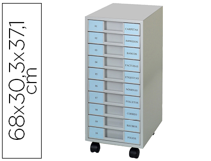 LAROUSSE - ARCHIVADOR METALICO CLEN 10 BANDEJAS PLASTICO DE 5,5 CM DE ALTURA CON RUEDAS COLOR GRIS CLARO 680X303X371 MM (Ref.F-10 RUEDAS)