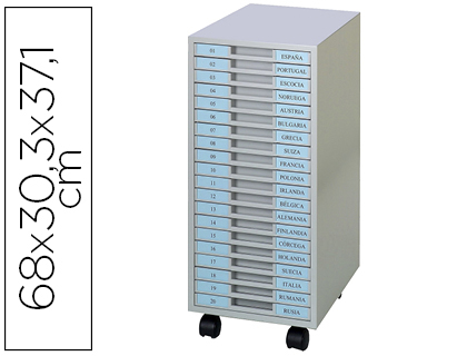 LAROUSSE - ARCHIVADOR METALICO CLEN 20 BANDEJAS PLASTICO DE 2,5 CM DE ALTURA CON RUEDAS COLOR GRIS CLARO 680X303X371 MM (Ref.H-20 RUEDAS)