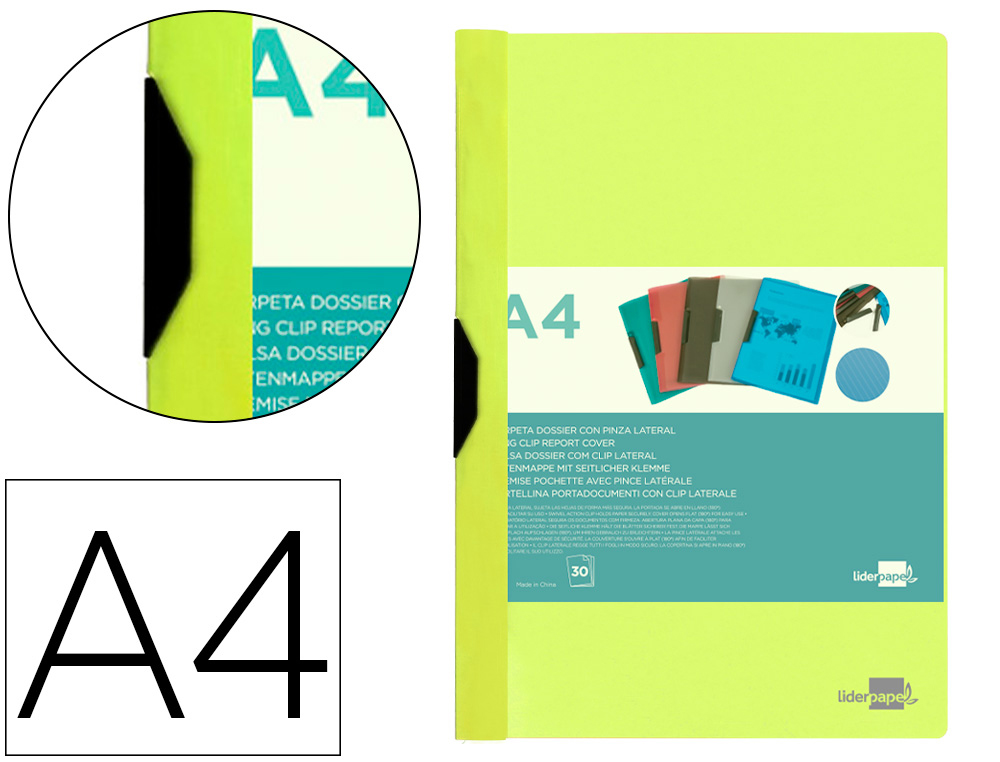 LIDERPAPEL - Carpeta dossier pinza lateral polipropileno din A4 amarillo fluor opaco 30 hojas pinza deslizante (Ref. DP21)