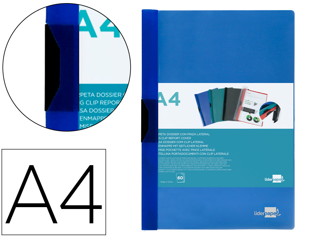 LIDERPAPEL - Carpeta dossier pinza lateral polipropileno din A4 azul translucido 60 hojas pinza deslizante (Ref. DP28)