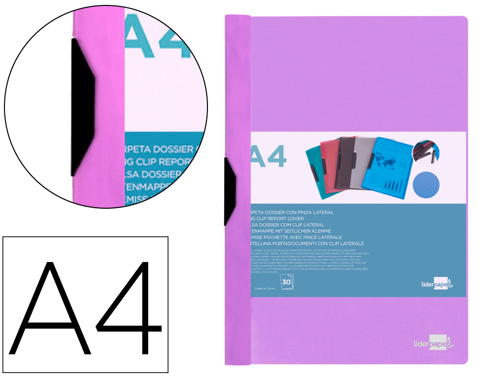 LIDERPAPEL - Carpeta dossier pinza lateral polipropileno din A4 lavanda opaco 30 hojas pinza deslizante (Ref. DP23)