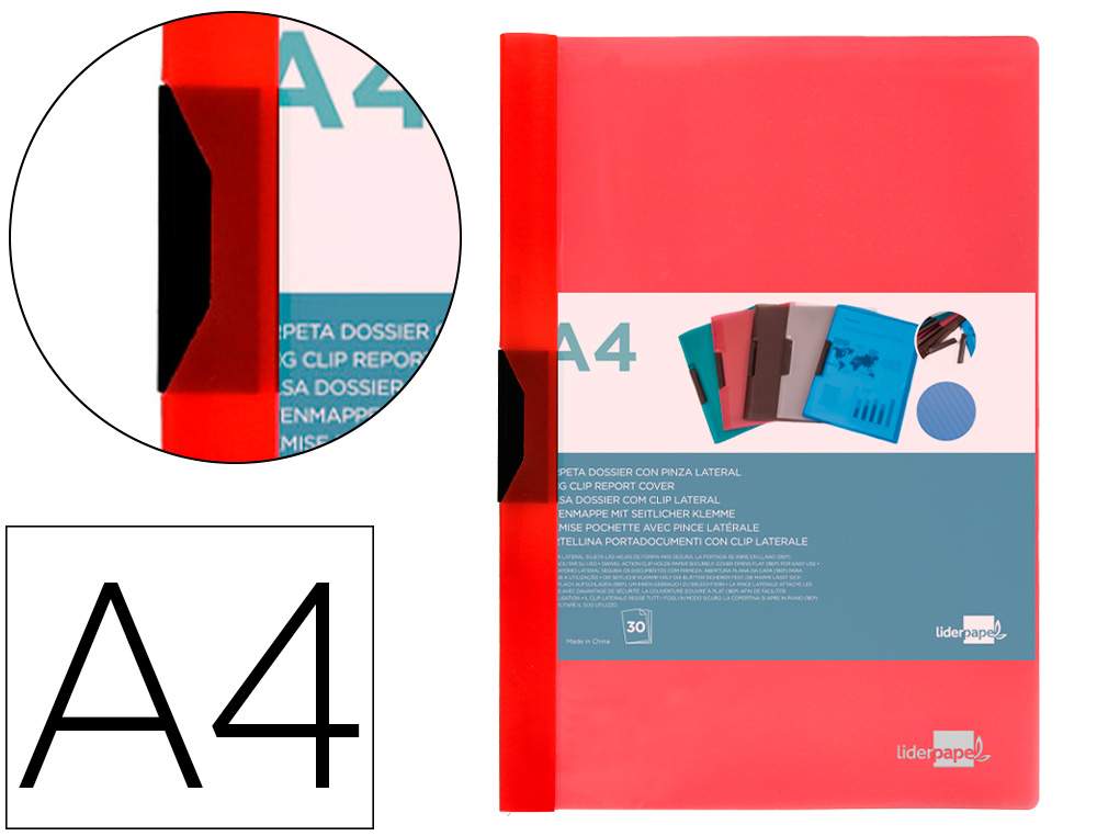 LIDERPAPEL - Carpeta dossier pinza lateral polipropileno din A4 rojo translucido 30 hojas pinza deslizante (Ref. DP19)