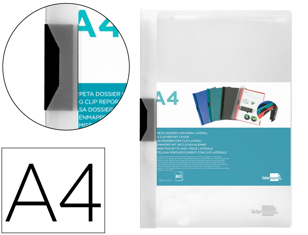 LIDERPAPEL - Carpeta dossier pinza lateral polipropileno din A4 transparente 60 hojas pinza deslizante (Ref. DP27)