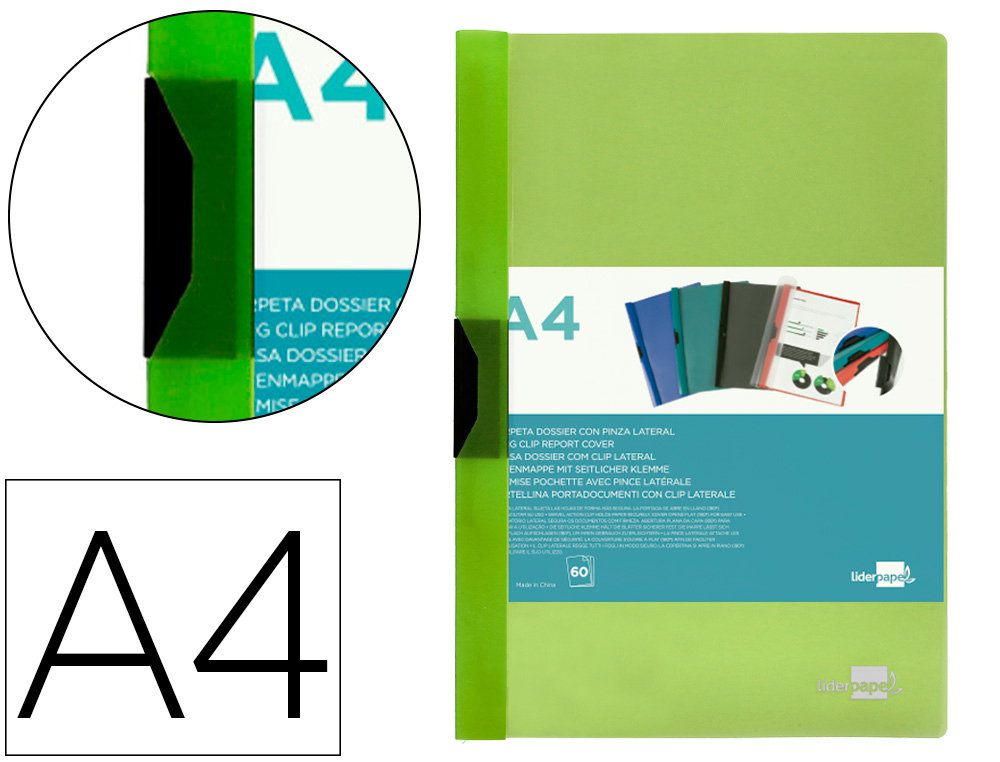LIDERPAPEL - Carpeta dossier pinza lateral polipropileno din A4 verde translucido 60 hojas pinza deslizante (Ref. DP29)