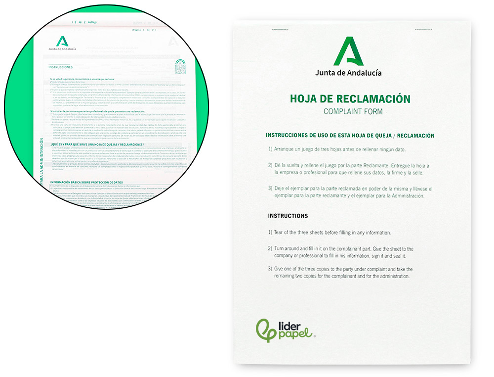 LIDERPAPEL - LIBRO HOJAS DE RECLAMACIONES JUNTA DE ANDALUCIA DIN A4 25 JUEGOS ORIGINAL + 2 COPIAS (Ref.LQ01)