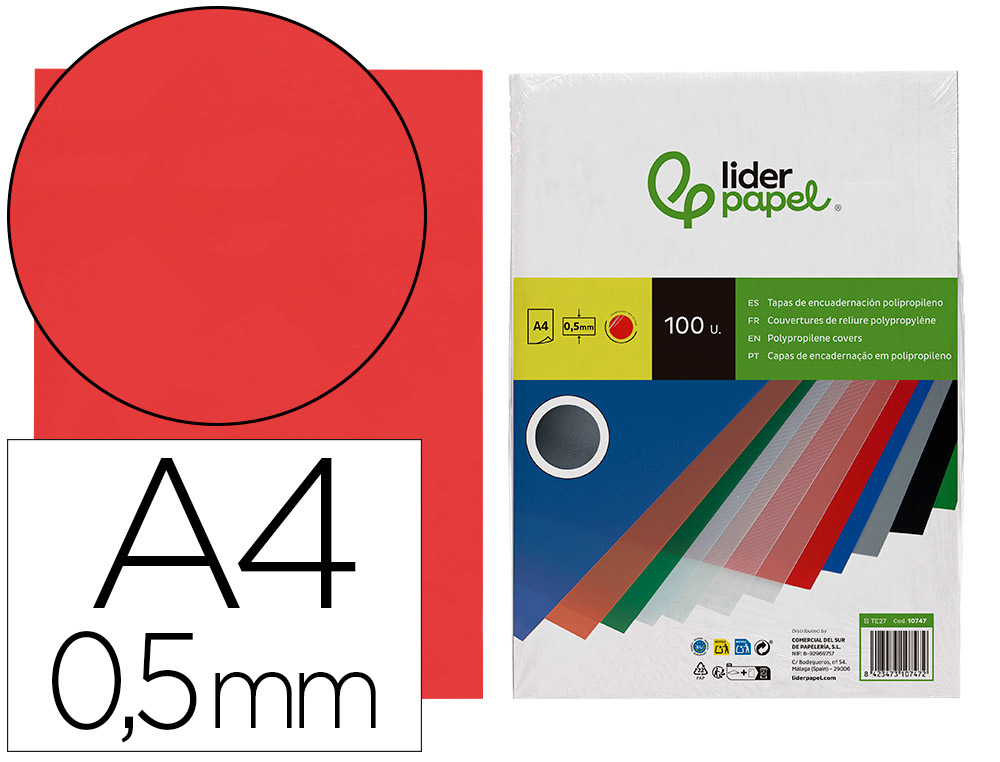 LIDERPAPEL - Tapa encuadernacion polipropileno A4 0.5 mm rojo translucido paquete de 100 unidades (Ref. TE27)