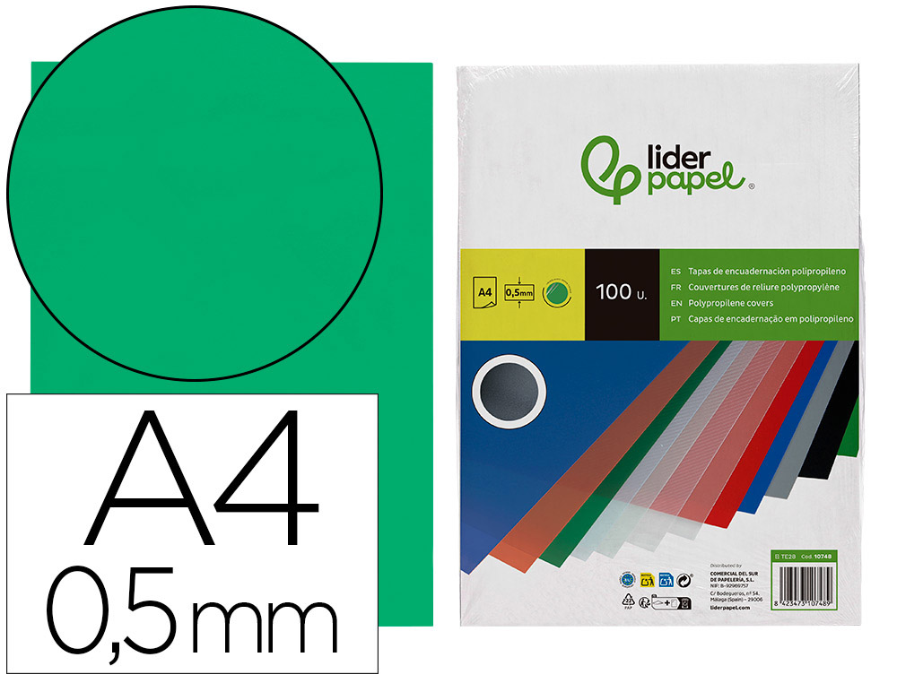 LIDERPAPEL - Tapa encuadernacion polipropileno A4 0.5 mm verde translucido paquete de 100 unidades (Ref. TE28)