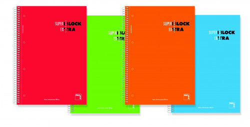 PACSA - CUADERNO SUPERBLOCK EXTRA 120 HOJAS 5X5 + GRECA TAPA DURA A4 MICROPERFORADO 90GR COLORES SURTIDO -4U- (Ref.16366)