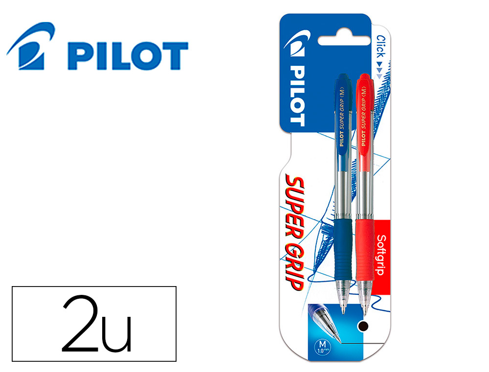 PILOT - Boligrafo SUPER GRIP retractil sujecion de caucho tinta base de aceite en blister de 2 unidades 1 azul (Ref.BSGAR)