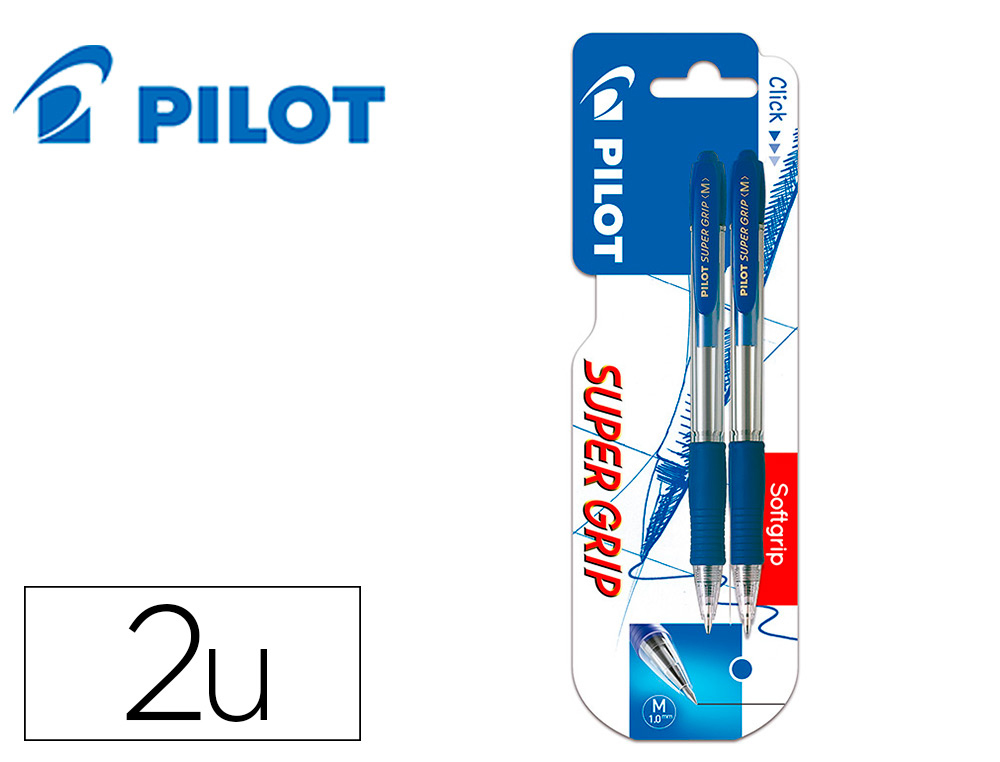 PILOT - Bolígrafo SUPER GRIP AZUL retráctil sujeción de caucho tinta base de aceite en blister de 2 unidades (Ref.BSGAA)