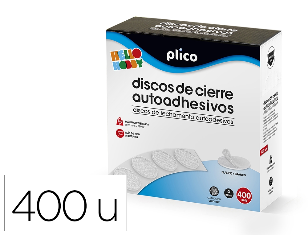 PLICO - Disco de cierre velcro autoadhesivo 20 mm diametro color blanco caja de 400 unidades (Ref. 13334)