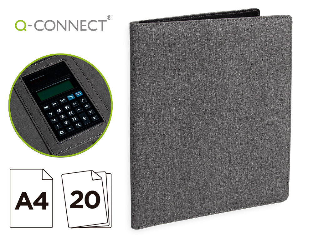 Q-CONNECT - Carpeta portafolios A4 con calculadora bloc 20 hojas y departamentos interiores color gris 250x315 (Ref. KF17240)