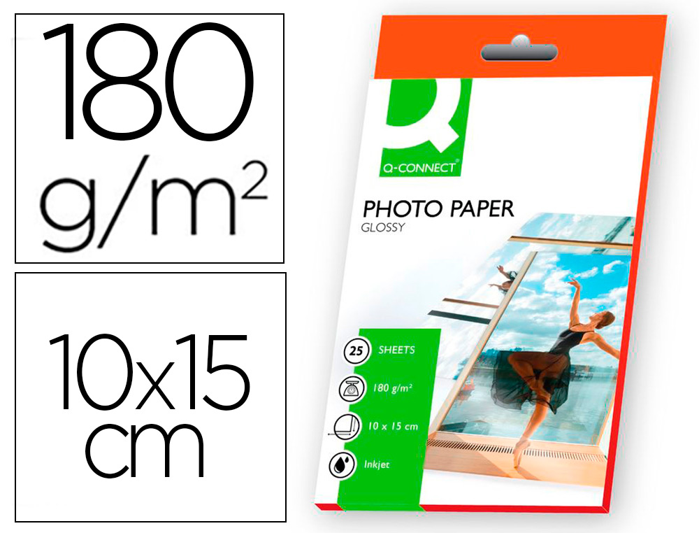 Q-CONNECT - PAPEL FOTO GLOSSY - -10X15 -DIGITAL PHOTO -PARA INK-JET -BOLSA DE 25 HOJAS DE 180 GR (Ref.KF01905)