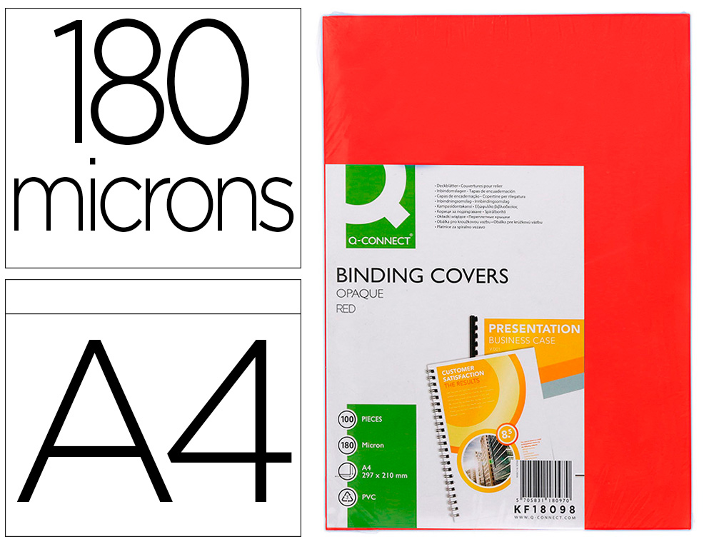 Q-CONNECT - Tapa de encuadernacion pvc din A4 opaca rojo 180 micras caja de 100 unidades (Ref. KF18098)