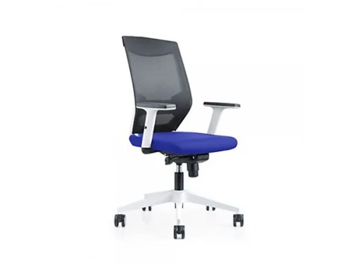 ROCADA - Silla de oficina con brazos regulables y respaldo malla negro tapizada en tela ignifuga azul color blanco (Ref. 908W-3)