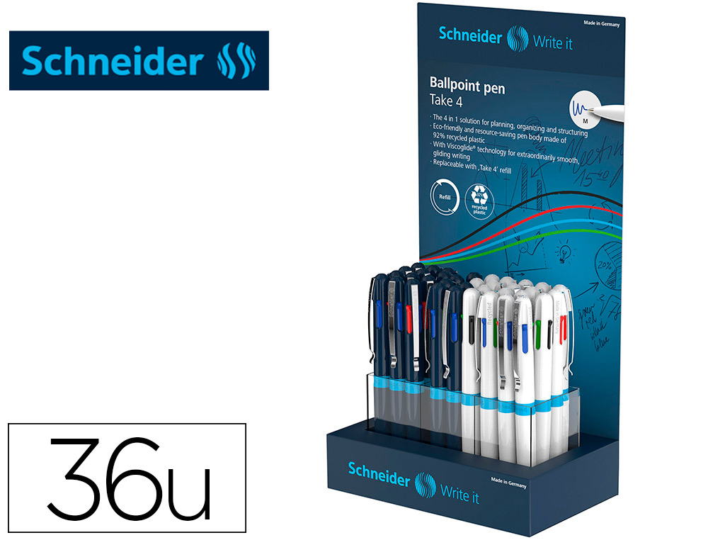 SCHNEIDER - Boligrafo take 4 reciclado 92% cuatro colores expositor de 36 unidades 160x100x305 mm (Ref. SH305462)