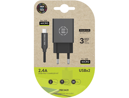 TECH ON TECH - Cargador tech one tech 2.4 doble usb + cable braided nylon micro usb android longitud 1 mt color negro (Ref. TEC2421)