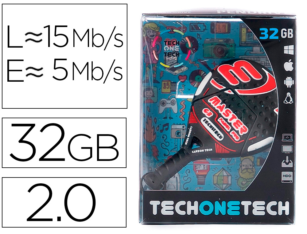 TECH ON TECH - Memoria usb raqueta padel roja 32 gb (Ref. TEC5046-32)