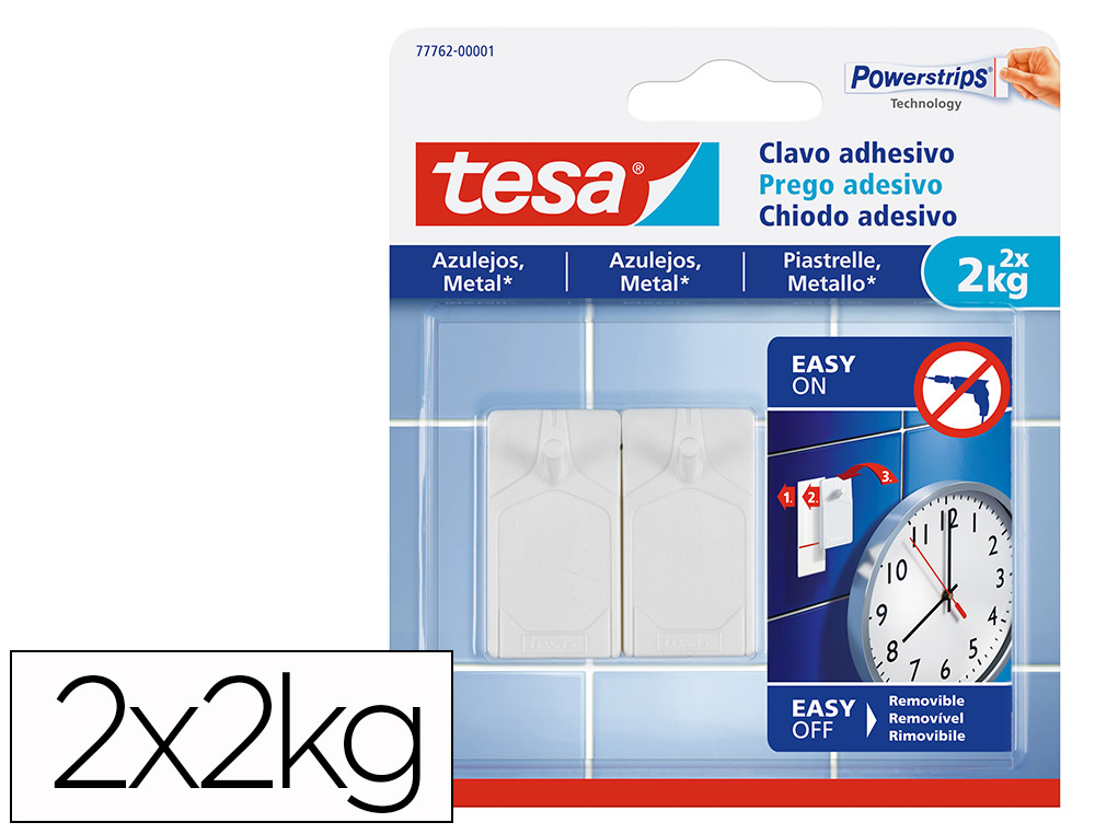 TESA - Clavo autoadhesivo sujecion hasta 2 kg uso azulejos removible blister de 2 unidades (Ref. 77762-00001-00)