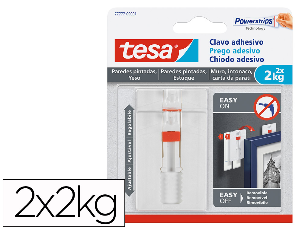 TESA - Clavo autoadhesivo sujecion hasta 2 kg uso paredes pintadas removible blister de 2 unidades (Ref. 77777-00001-00)