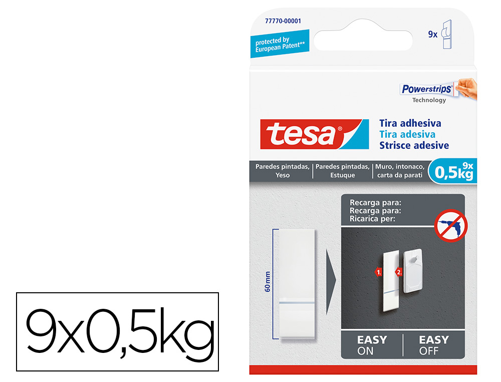 TESA - Tira autoadhesiva doble cara powerstring transparente sujecion hasta 0,5 kg recambio blister de 9 (Ref. 77770-00001-00)