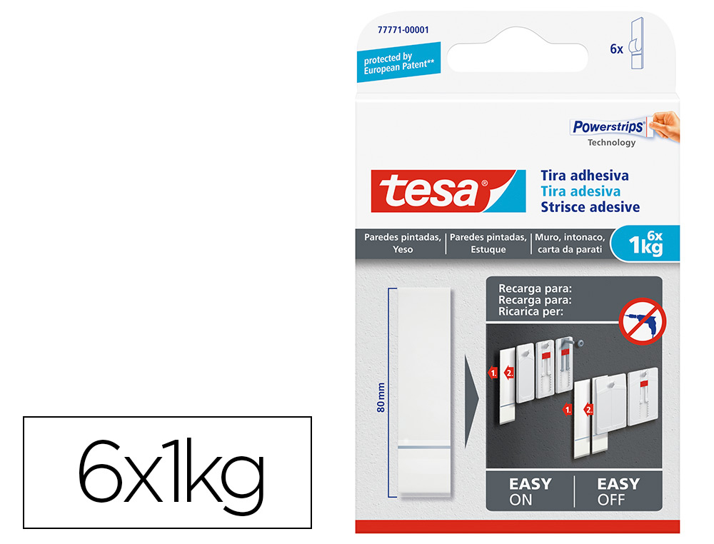 TESA - Tira autoadhesiva doble cara powerstring transparente sujecion hasta 1 kg recambio blister de 6 unidades (Ref. 77771-00001-00)