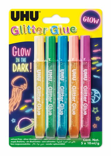 UHU - Purpurina pegamento glitter glow lavable blister de 5 unidades 10 ml (Ref. 157288)