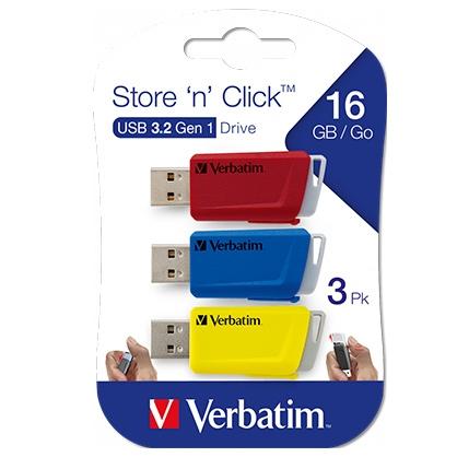 VERBATIM - USB DRIVE ROJO, AZUL, AMARILLO 3.2 S 16GB (PACK DE 3 ) **CON RANURA PARA COLGAR** (Incluye Canon LPI de 0,72 €) (Ref.49306)