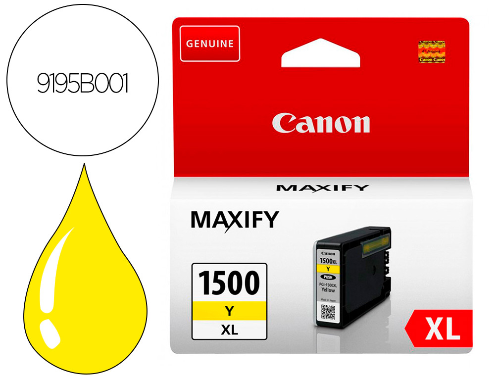 CANON - Cartuchos ORIGINALES Inyección De Tinta MAXIFY PGI1500 XL Y AA - MB2050 / MB2150 / MB2155 / MB2350 / MB2750 / MB2755 AMARILLO (Ref.9195B001)